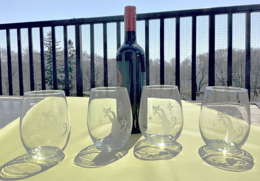 Atomic Devious Cat Etched Stemless Wine Glasses - 20 oz - Set of 4