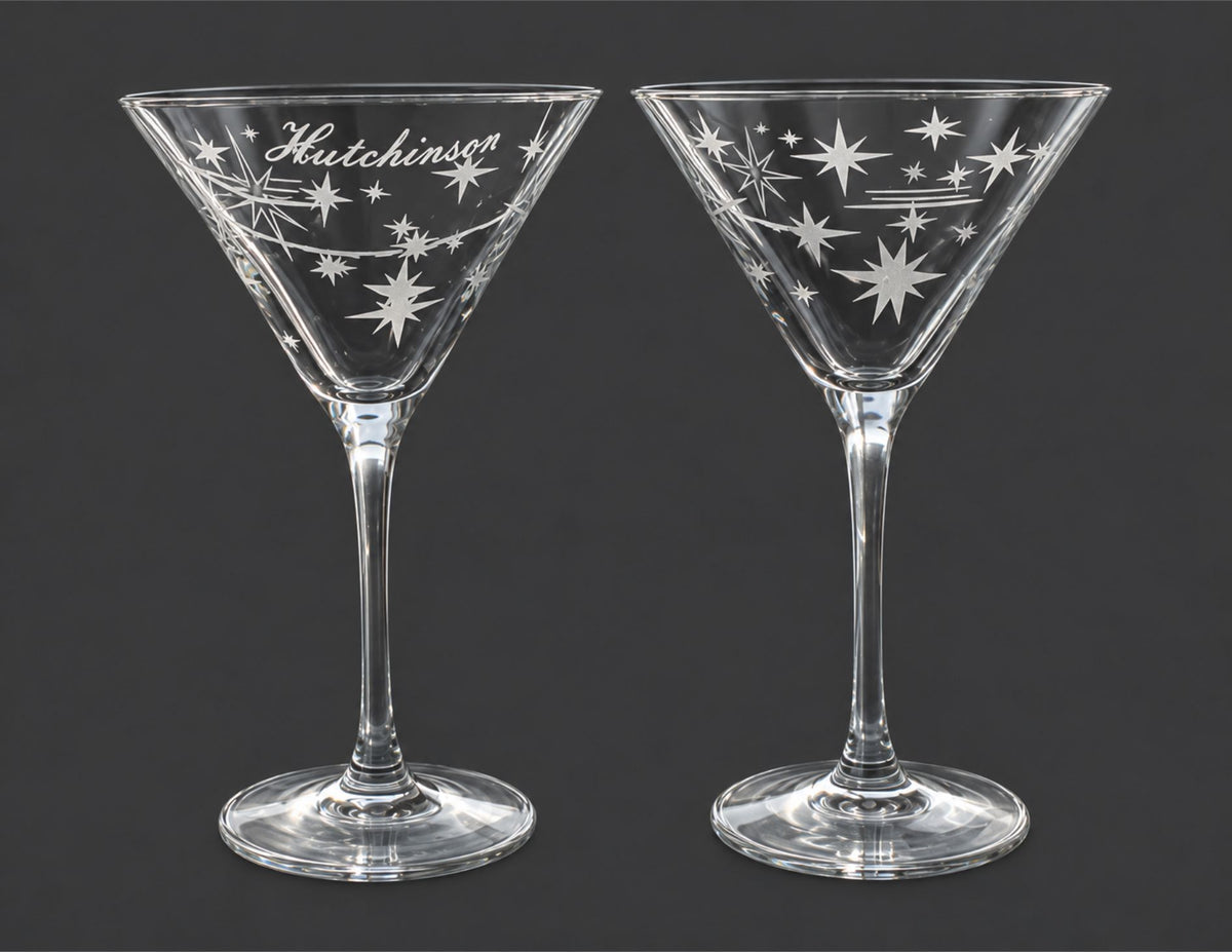 Personalized Starburst Martini Glass Set | Etched Mid-Century Cocktail Glasses