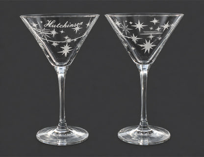 Personalized Starburst Martini Glass Set | Etched Mid-Century Cocktail Glasses