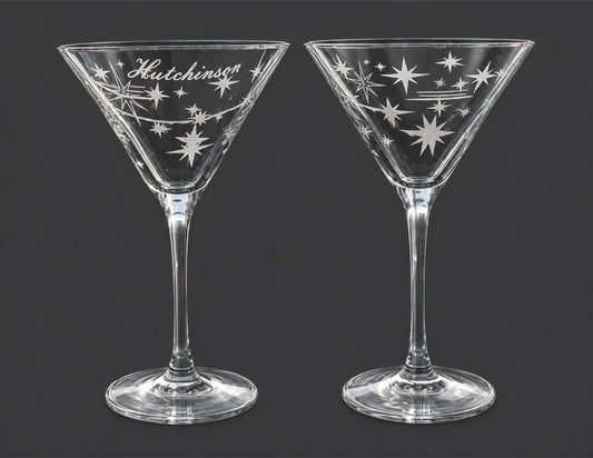 Personalized Starburst Martini Glass Set | Etched Mid-Century Cocktail Glasses
