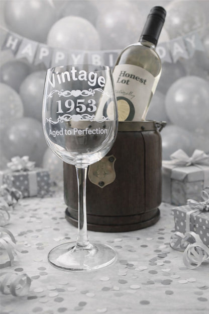 Milestone Birthday Wine Glass Gift – Personalized Hand Etched 16 oz Stemmed Glass