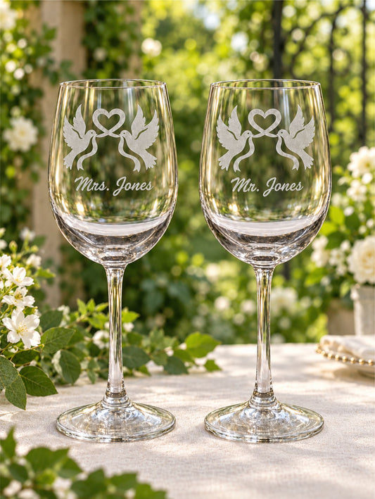 Personalized Mr. & Mrs. Wine Glass Set – Hand-Etched Dove & Heart Design