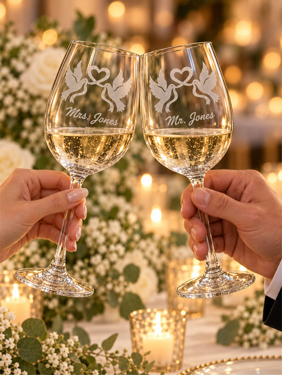 Personalized Mr. & Mrs. Wine Glass Set – Hand-Etched Dove & Heart Design