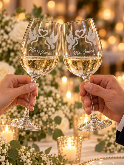 Personalized Mr. & Mrs. Wine Glass Set – Hand-Etched Dove & Heart Design