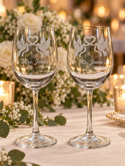 Personalized Mr. & Mrs. Wine Glass Set – Hand-Etched Dove & Heart Design
