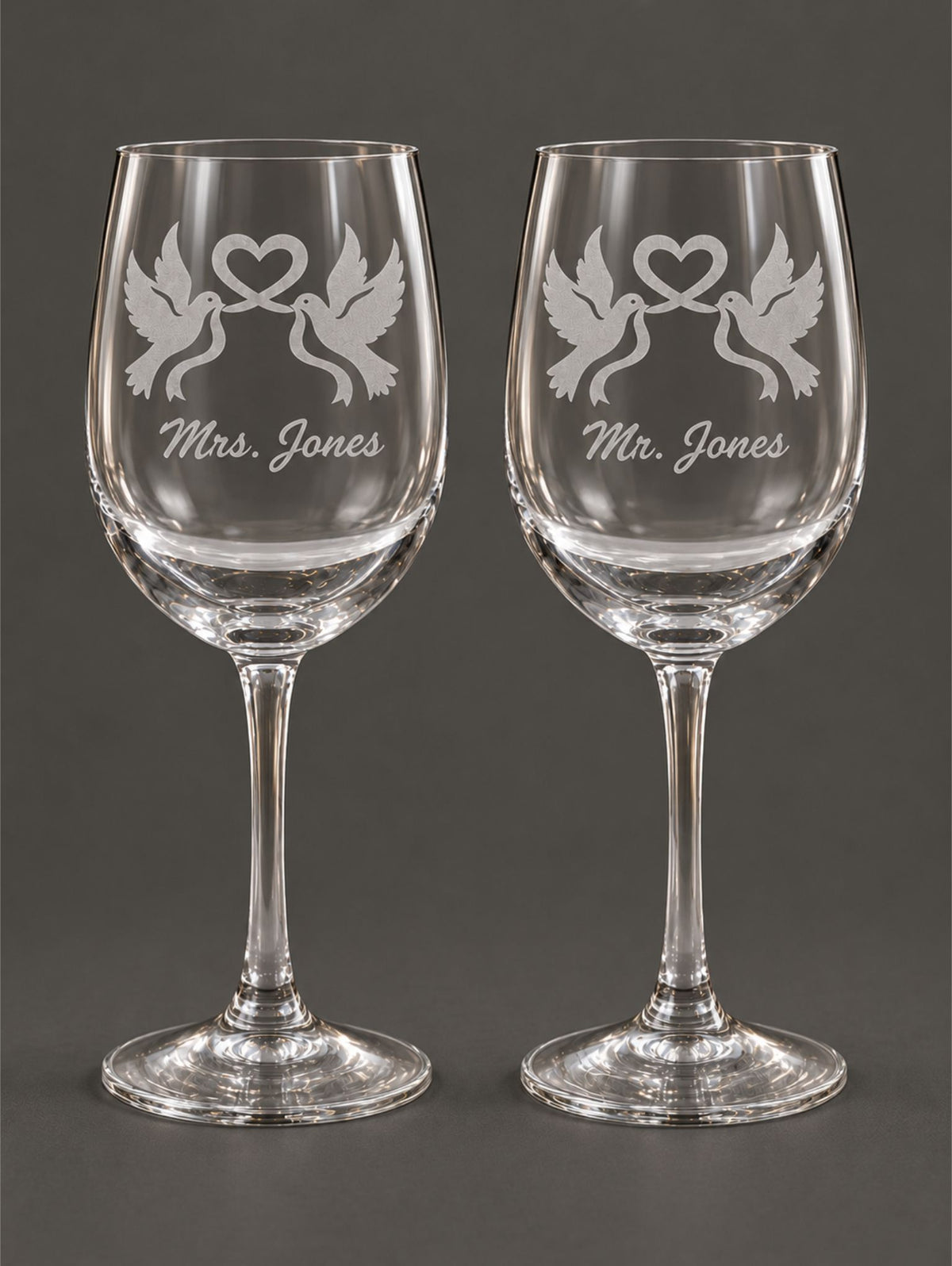 Personalized Mr. & Mrs. Wine Glass Set – Hand-Etched Dove & Heart Design