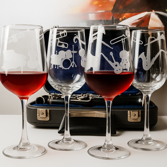 Etched Jazz Music Wine Glasses Set of 4 – 16oz Engraved Glassware Gift for Music Lovers & Musicians