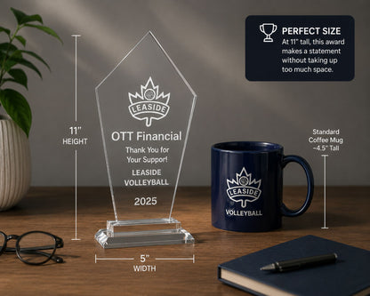 Glass Award 11" Tall Personalized Hand Etched Recognition Gift Sophisticated stylish Achievement award